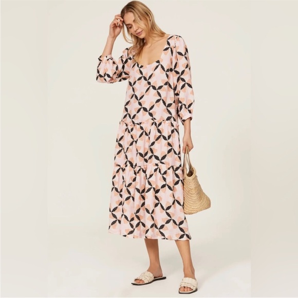 The Odells Lyla Geometric Floral Print Puff Sleeve Square Neck Linen Midi Dress - Picture 2 of 11